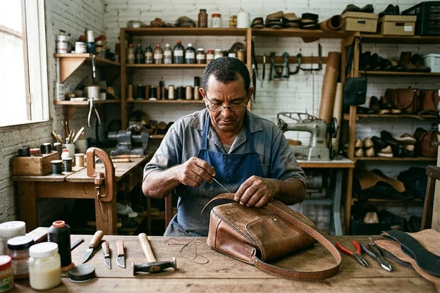 Profissional reformando uma bolsa de couro em Paço do Lumiar.