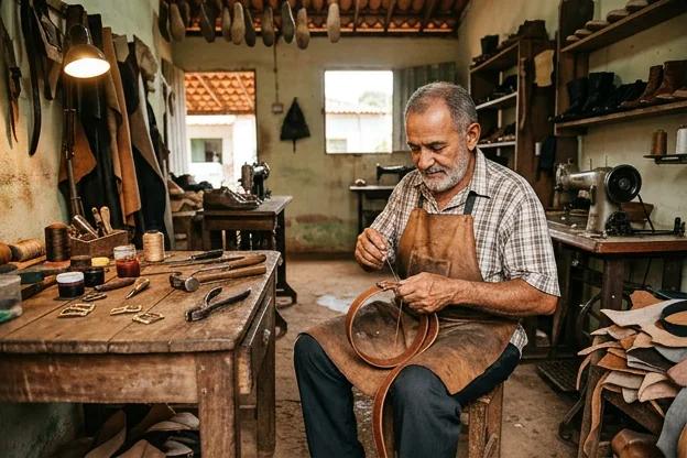 Sapateiro consertando um cinto de couro em Paço do Lumiar.