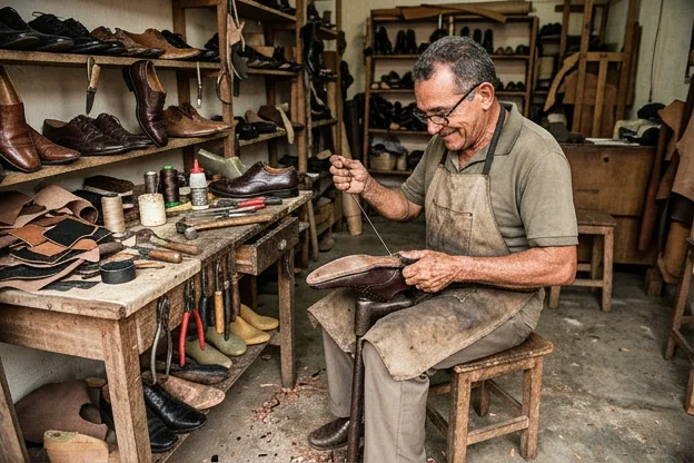 Sapateiro reformando sapatos sociais em Paço do Lumiar.