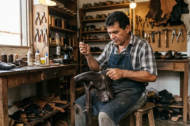 Sapateiro consertando o zíper de uma bota em Paço do Lumiar.