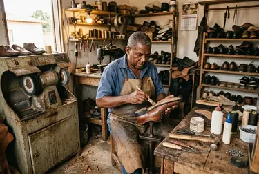 Sapateiro trocando o solado de um par de sapatos em Paço do Lumiar.